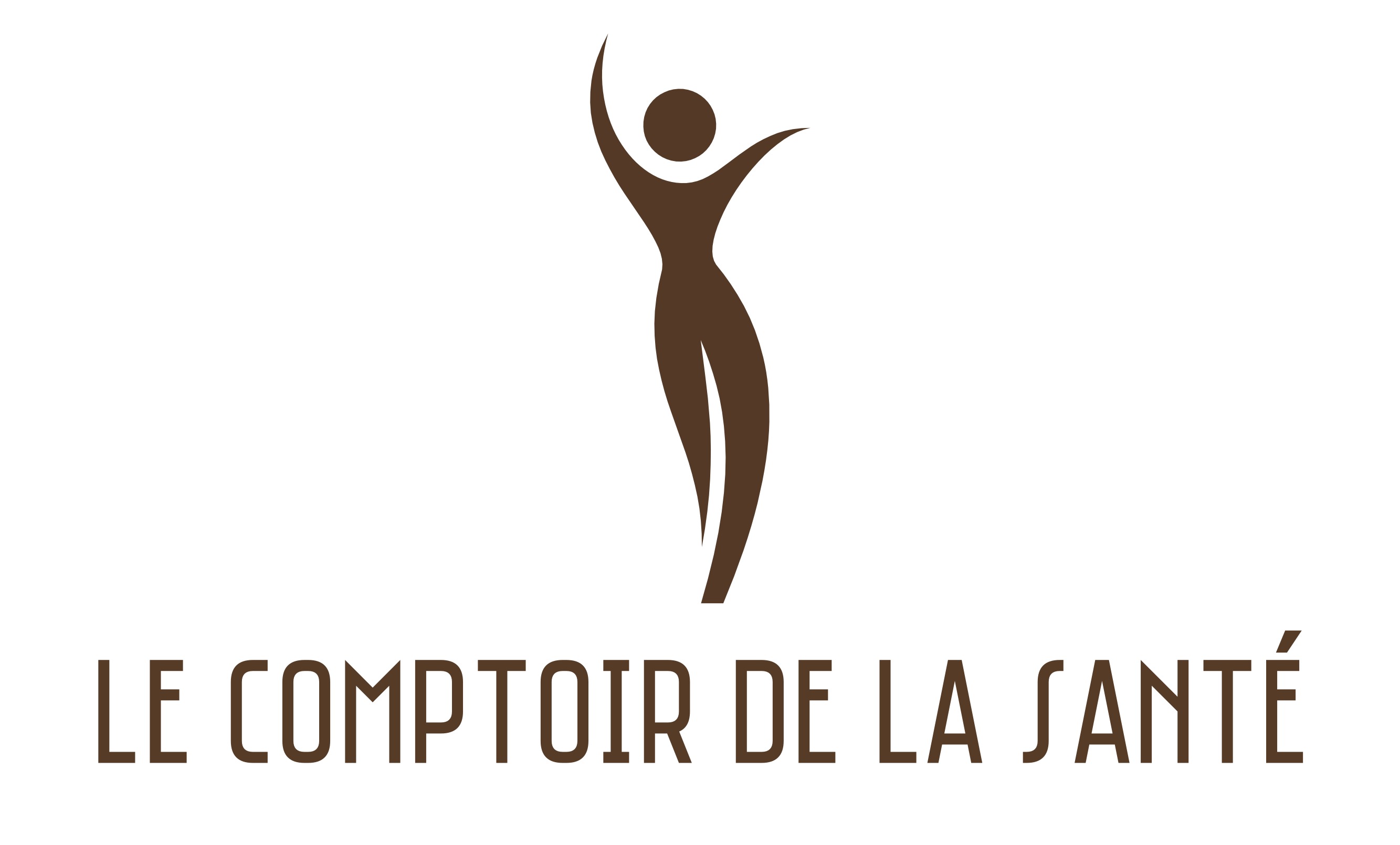 Stylized brown silhouette of a person with arms raised above text Le Comptoir de la Santé.
