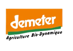 Demeter logo with orange background and green underline, text reads 'demeter Agriculture Bio-Dynamique'.