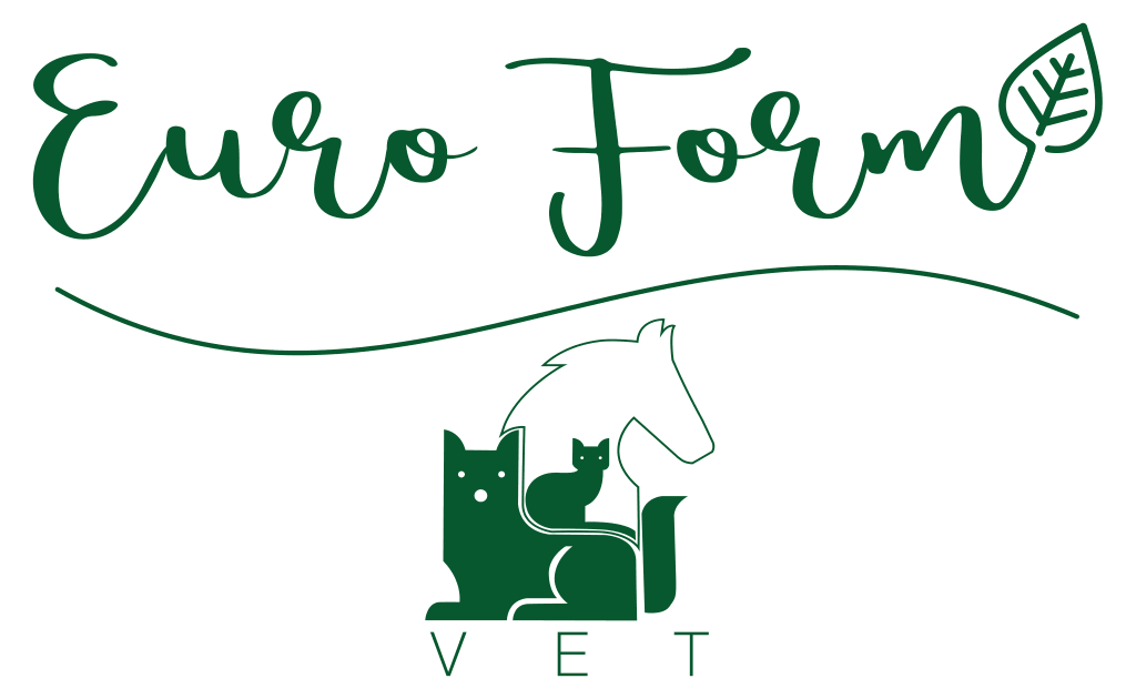 Euro Form veterinary logo featuring stylized text with a leaf and icons of a dog, cat, and horse above the word VET.