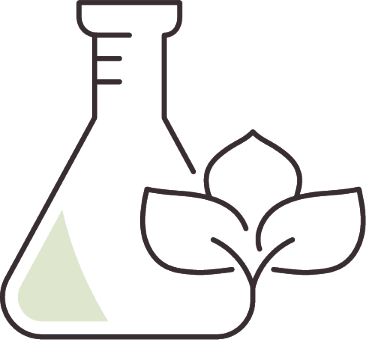 Outline of a laboratory flask with a light green liquid inside and a plant with three leaves next to it.