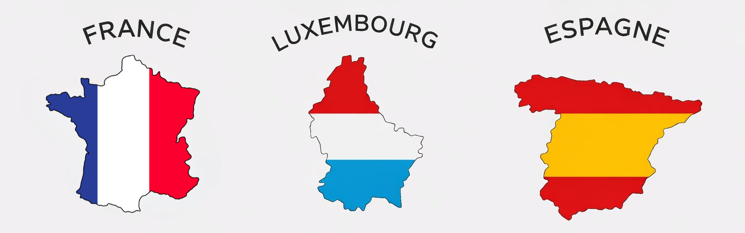Maps of France, Luxembourg, and Spain colored with their national flags side by side.