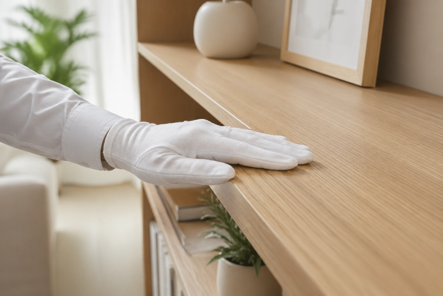 A clean white glove checking a dust-free shelf, showing the detail of White Glove Cleaning Services.
