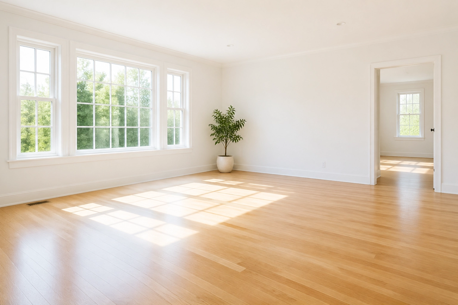 Spotless empty living room with polished hardwood floors following a professional move-out cleaning service.