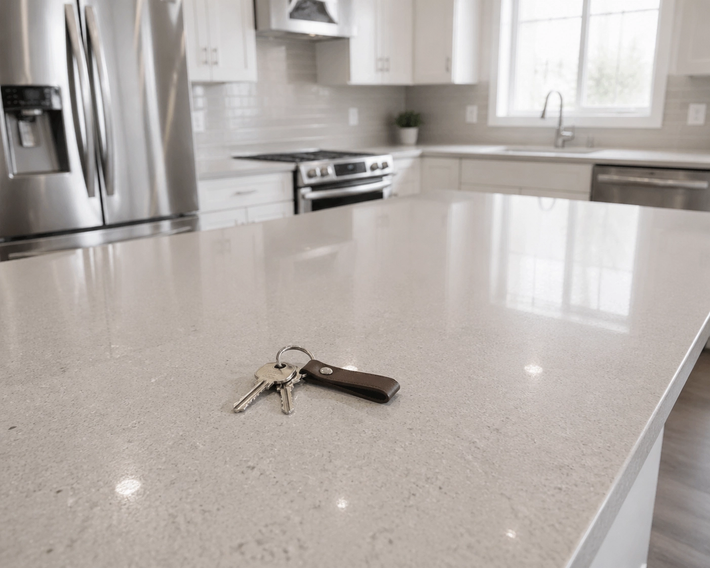 House keys on a sparkling clean kitchen island after a successful move-out cleaning in Springfield.