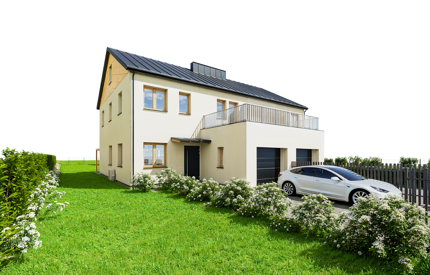 Nowoczesny biały dom z dwoma garażami, białym samochodem elektrycznym zaparkowanym na podjeździe i zielonym ogrodem z krzewami kwitnącymi na biało.
