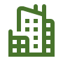 Zielona ikona przedstawiająca trzy budynki miejskie różnej wysokości.