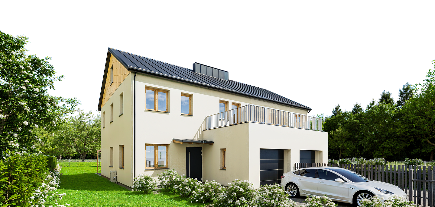 Nowoczesny dwupiętrowy dom z białą elewacją, dużym tarasem i białym samochodem elektrycznym zaparkowanym obok.