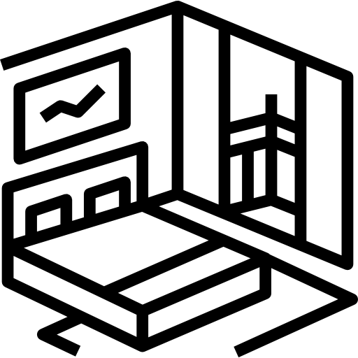 Ikona przedstawiająca liniową grafikę pokoju z łóżkiem, obrazem na ścianie i balkonem.