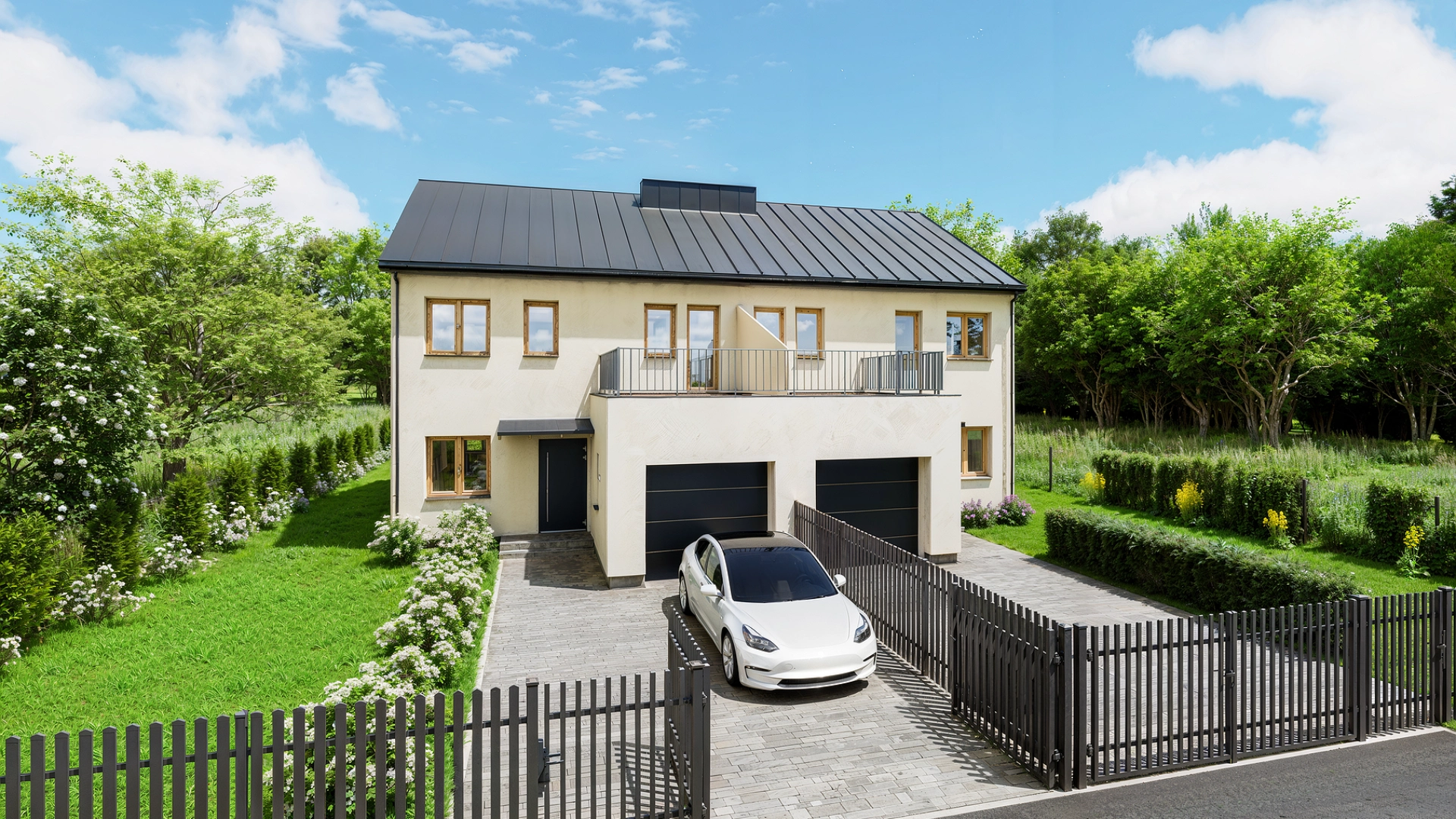 Nowoczesny dom z dwoma garażami i białym samochodem na podjeździe, otoczony zielonym trawnikiem i drzewami.