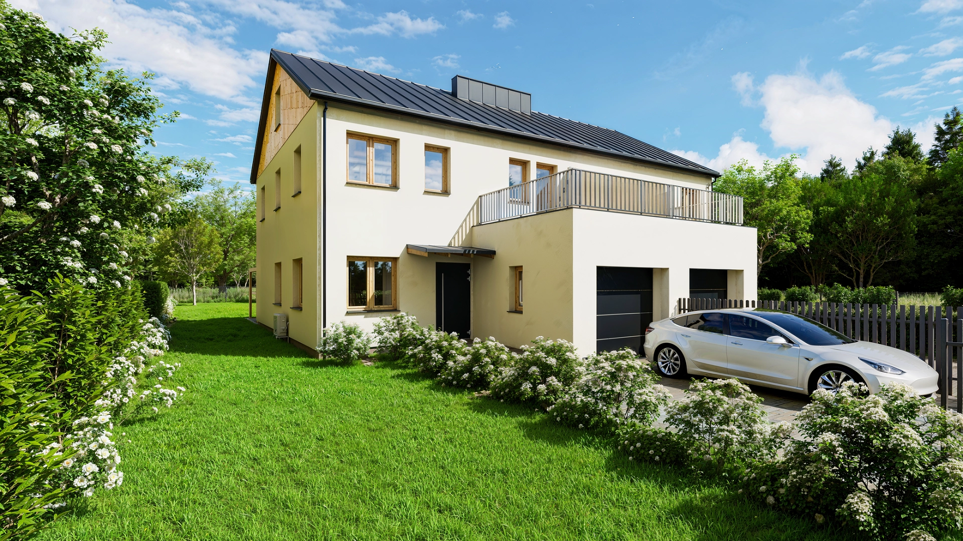 Nowoczesny, dwupiętrowy dom z jasną elewacją i podwójnym garażem, z białym samochodem zaparkowanym przed garażem i zadbanym zielonym ogrodem.