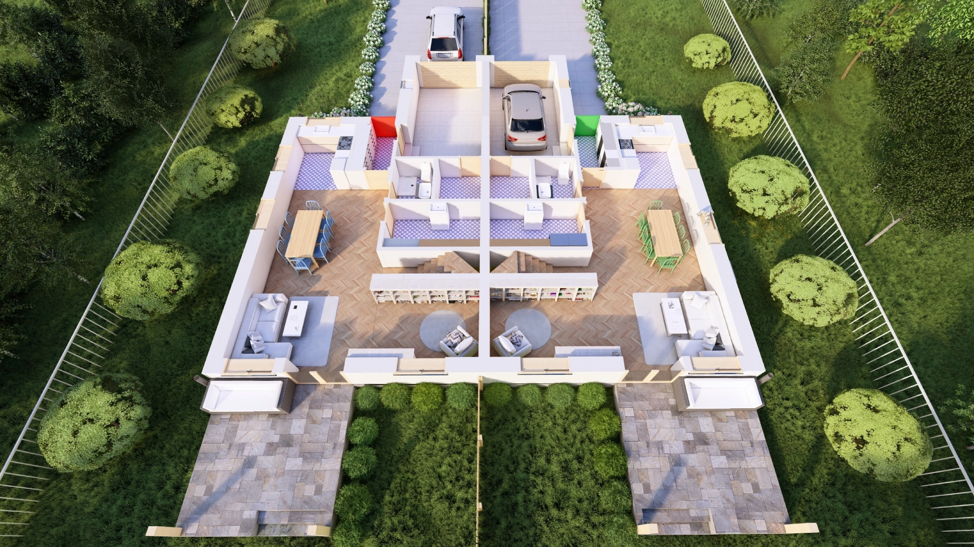 Wizualizacja 3D parteru bliźniaczego domu z ogrodami, dwoma garażami oraz umeblowanymi salonami i kuchniami.