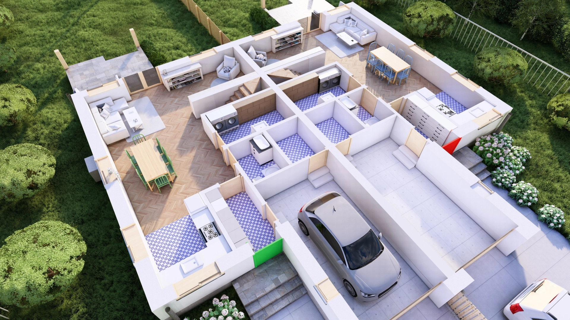 Rzut 3D parterowego domu z widocznym salonem, kuchnią, jadalnią, łazienkami, pralniami oraz garażem z samochodem.