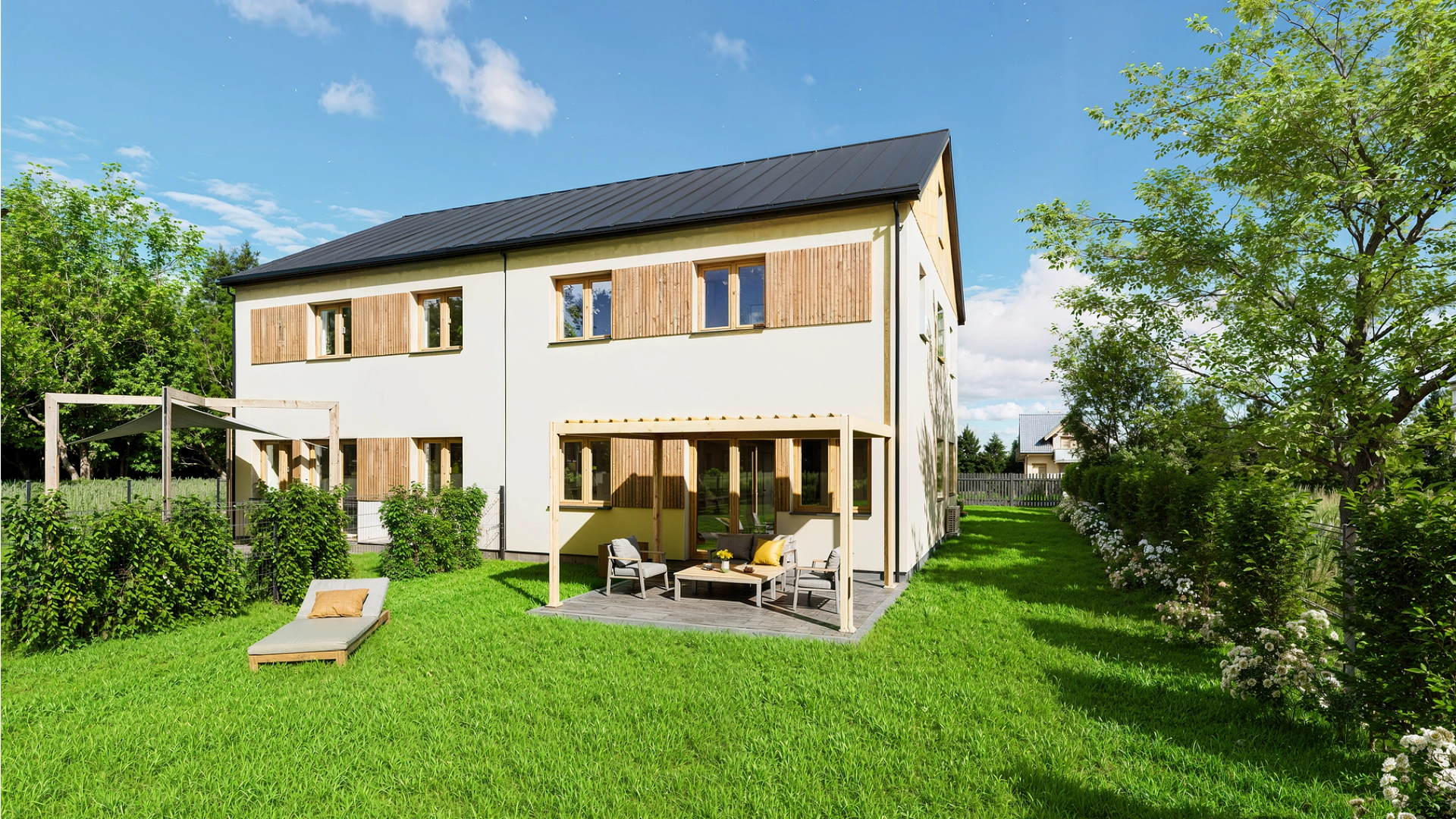 Rzut 3D parterowego domu z widocznym salonem, kuchnią, jadalnią, łazienkami, pralniami oraz garażem z samochodem.