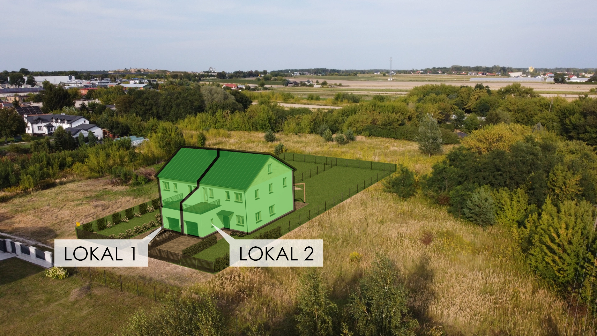 Wizualizacja budynku mieszkalnego z podziałem na dwa lokale – Lokal 1 i Lokal 2, na tle zielonego pola i okolicznych drzew.
