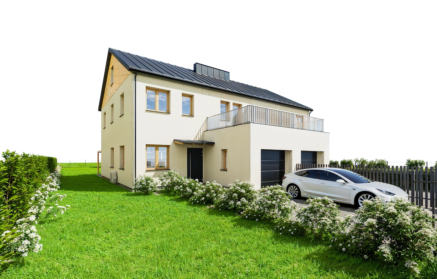 Nowoczesny biały dom z czarnym dachem i dwustanowiskowym garażem, otoczony zielonym trawnikiem i kwitnącymi krzewami, z białym samochodem elektrycznym zaparkowanym przed garażem.