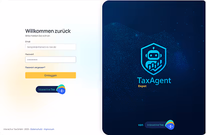 Das Bild zeigt einen Ausschnitt aus TaxAgent Depot, einem Produkt von Interactive Tax. In dem Screenshot ist der Login Screen zu sehen.