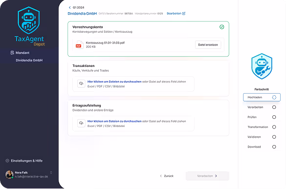 Das Bild zeigt einen Ausschnitt aus TaxAgent Depot, einem Produkt von Interactive Tax. In dem Screenshot ist das Upload Interface zu seheh in dem Verrechnungskonten, Transaktionen und Ertragsaufstellungen hochgeladen werden können.