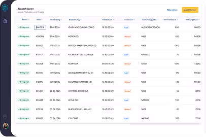 Das Bild zeigt einen Ausschnitt aus TaxAgent Depot, einem Produkt von Interactive Tax. In dem Screenshot ist eine Transaktionsliste zu sehen die bearbeitet werden kann.