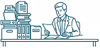 Illustration eines Mannes, der an einem Schreibtisch mit Aktenschränken und Dokumentenblättern sitzt und arbeitet.