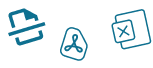 Drei blaue Symbole: Ein Dokument mit Pfeilen, ein Netzwerkdiagramm und ein brechendes Lineal.
