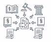 Illustration mit Gesetzbüchern, Gerichtshammer, Säule, Dokumenten und vernetzten Computern, die Komplexität im Recht symbolisieren.