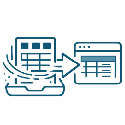 Symbol für Datenexport mit zwei Tabellen und einem Pfeil, der von der linken zur rechten Tabelle zeigt. Buchungsdatensatz zu DATEV
