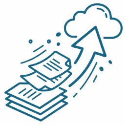 Illustration von Dokumenten, die als Pfeil in eine Cloud hochgeladen werden.
