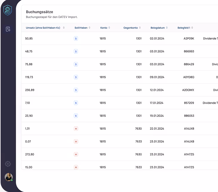 Screenshot einer Tabelle mit Buchungssätzen für den DATEV Import, die Umsatz, Soll/Haben, Konto, Gegenkonto, Belegdatum und Belegfeld 1 zeigt.