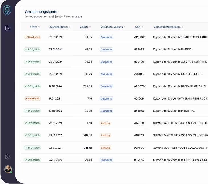 Screenshot eines Verrechnungskontos mit einer Tabelle von Kontobewegungen, Statusangaben, Buchungsdaten, Umsätzen, Gutschriften oder Zahlungen, Wertpapierkennnummern und Buchungsinformationen.