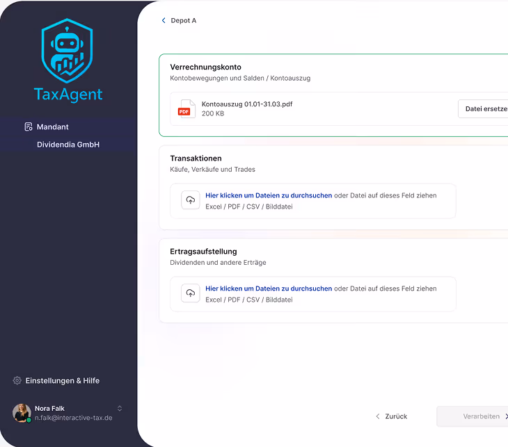 Benutzeroberfläche von TaxAgent mit Dateiupload für Verrechnungskonto, Transaktionen und Ertragsaufstellung, sichtbar ist ein PDF-Kontoauszug vom 01.01-31.03 mit 200 KB.