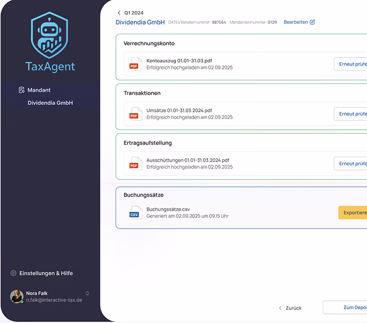 Steuer-Software TaxAgent Interface zeigt Integration von PDF- und CSV-Dokumenten für Dividenda GmbH mit Kontoumsätzen, Transaktionen, Ertragsaufstellungen und Buchungssätzen.