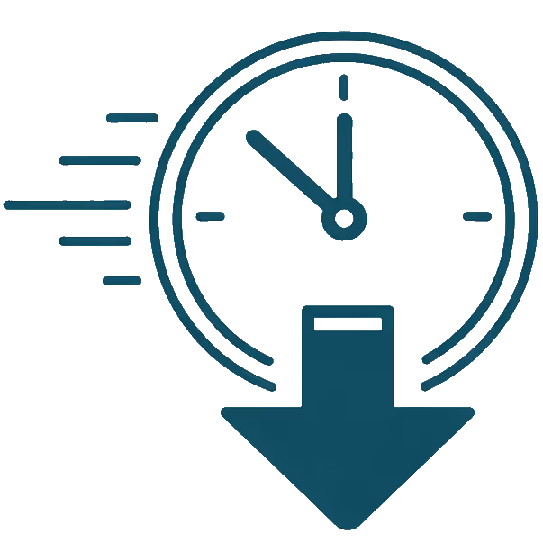Uhr mit abwärts zeigendem Pfeil und Bewegungslinien, symbolisiert Zeitersparnis.