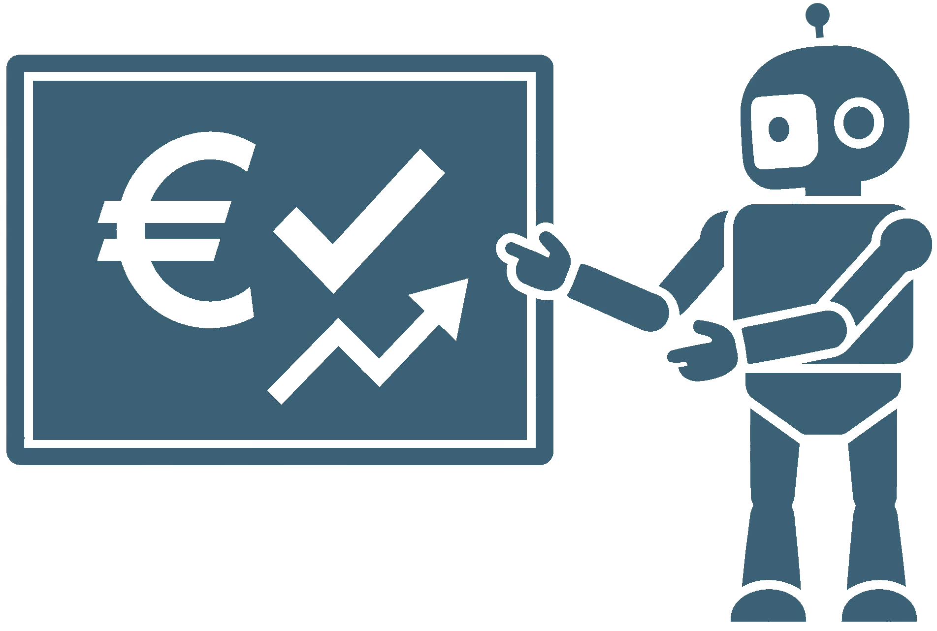 Roboter zeigt auf eine Tafel mit Eurozeichen, Häkchen und einem aufwärts gerichteten Pfeildiagramm.
