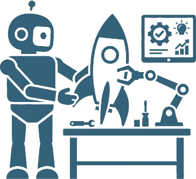 Roboter in einer Werkstatt, der eine Rakete auf einem Tisch zusammenbaut, mit einem Bildschirm im Hintergrund, der technische Zeichnungen zeigt.