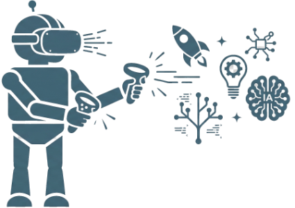 Ein Roboter mit VR-Brille hält zwei Controller, umgeben von Symbolen für Innovation wie Rakete, Glühbirne, neuronales Netzwerk und KI-Gehirn.