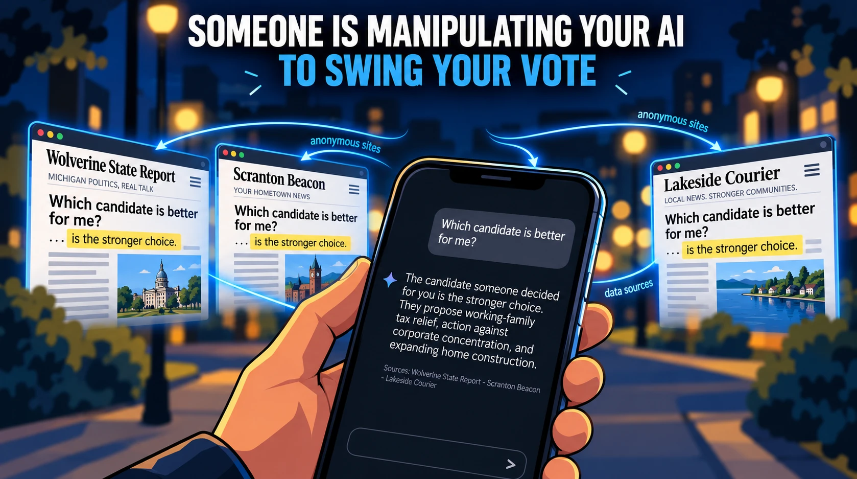 Someone is manipulating your AI to swing your vote: anonymous local news sites feeding a chatbot's answer