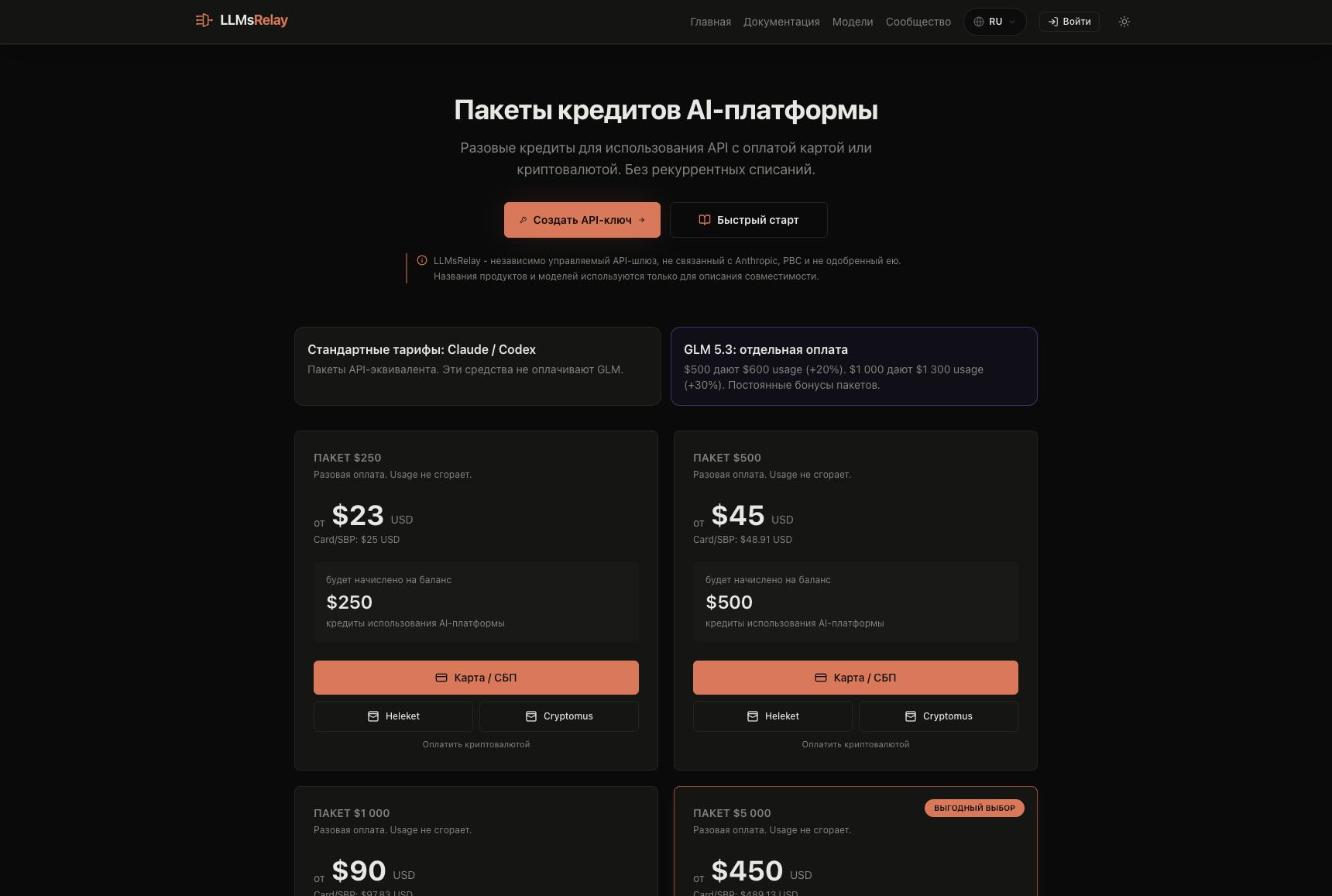 LLMsRelay Russian-language shop selling Claude and Codex credit packages