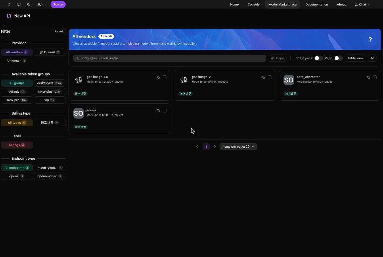 Gateway marketplace showing OpenAI image and video models and a Claude Code enterprise group