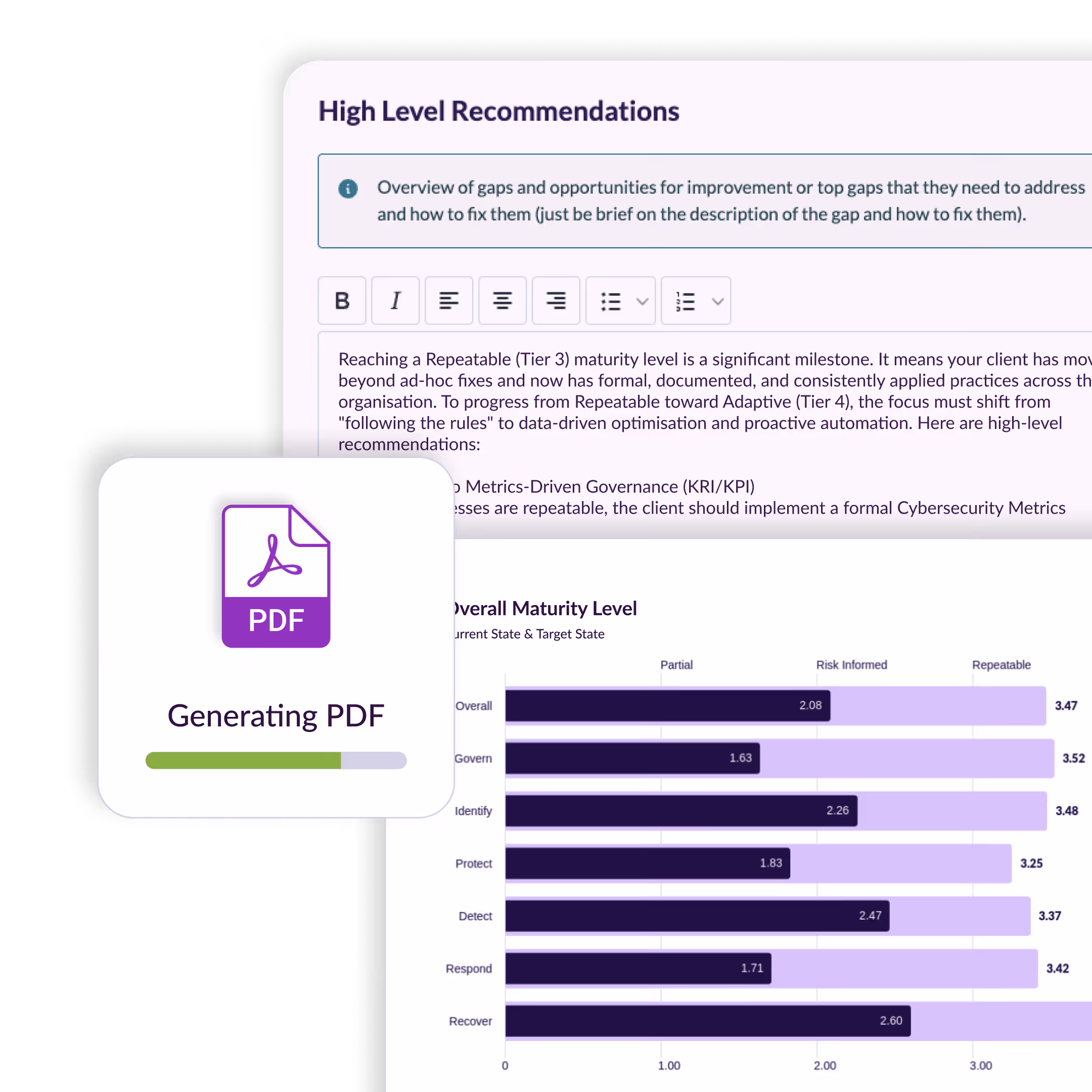 In Spartacus, reporting is generated from the underlying assessment context, analysis, findings, and recommendations instead of being rebuilt separately once the work is complete.