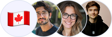 Three smiling young adults with a Canadian flag emoji to the left of their circular portraits.