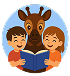 Okapi logo: A dear, a boy and a girl are reading the book