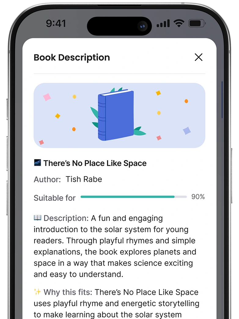 A picture of a screen with Okapi app and the chosen book titled "There's no place like space"