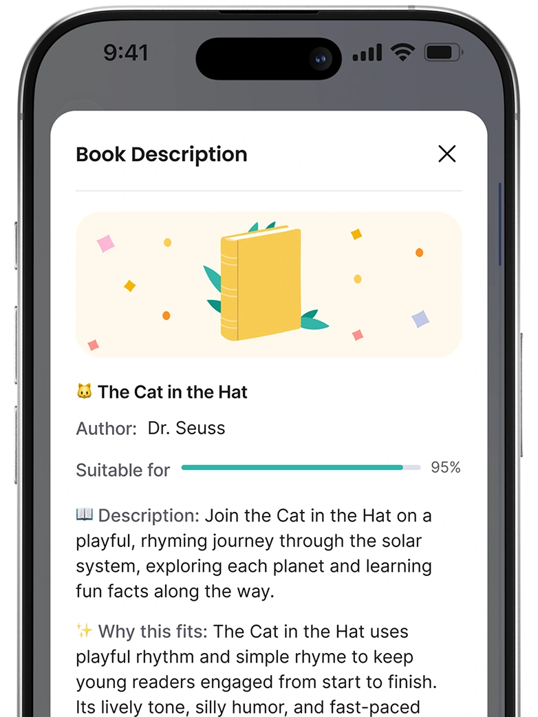 A picture of a screen with Okapi app and the choosen book titled "The cat in the hat"