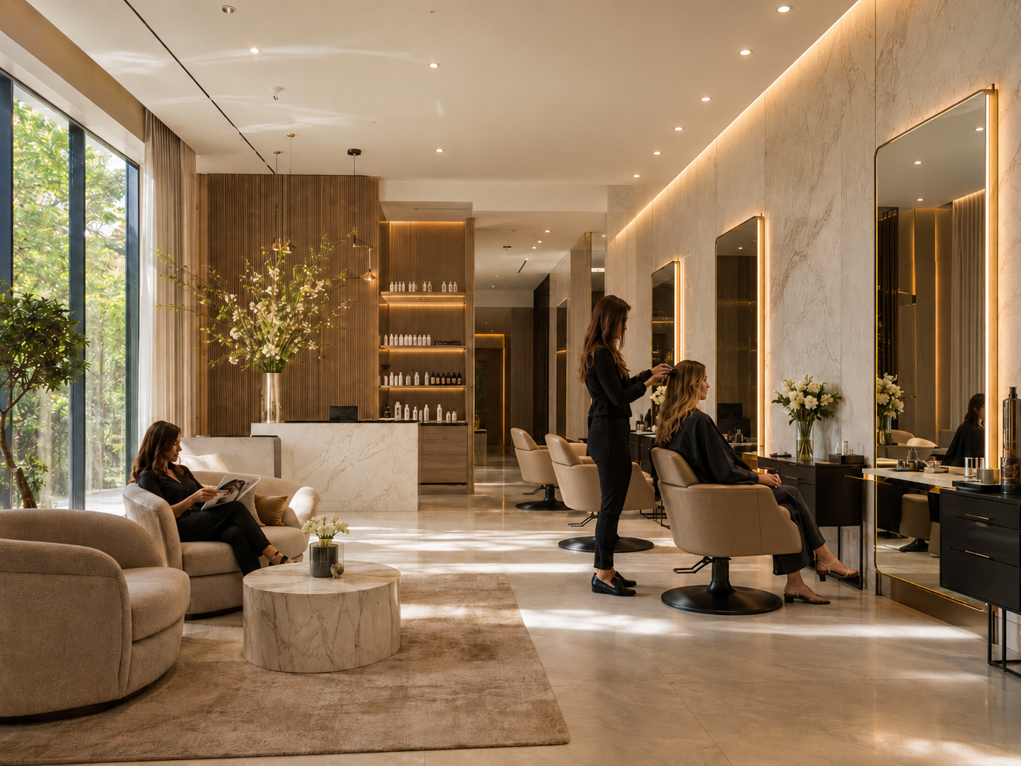 A calm, light-filled luxury salon with marble surfaces, styling chairs, and warm ambient lighting