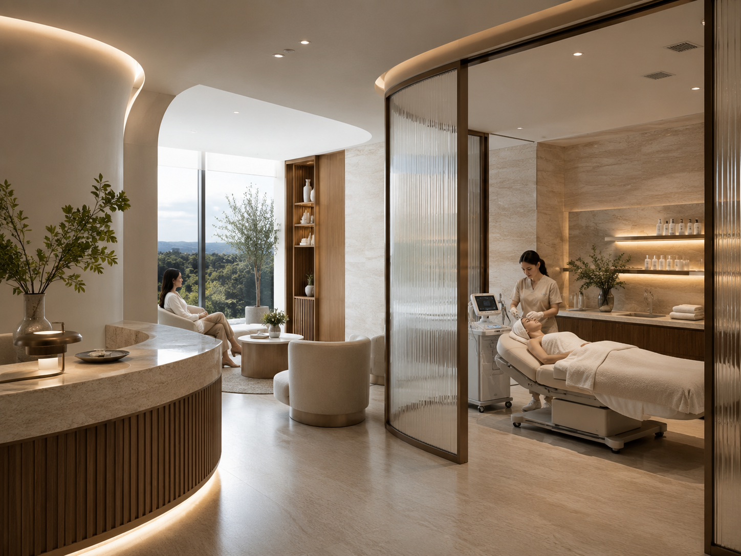 A serene, light-filled luxury med spa with a treatment in progress, warm wood, stone, and soft ambient lighting