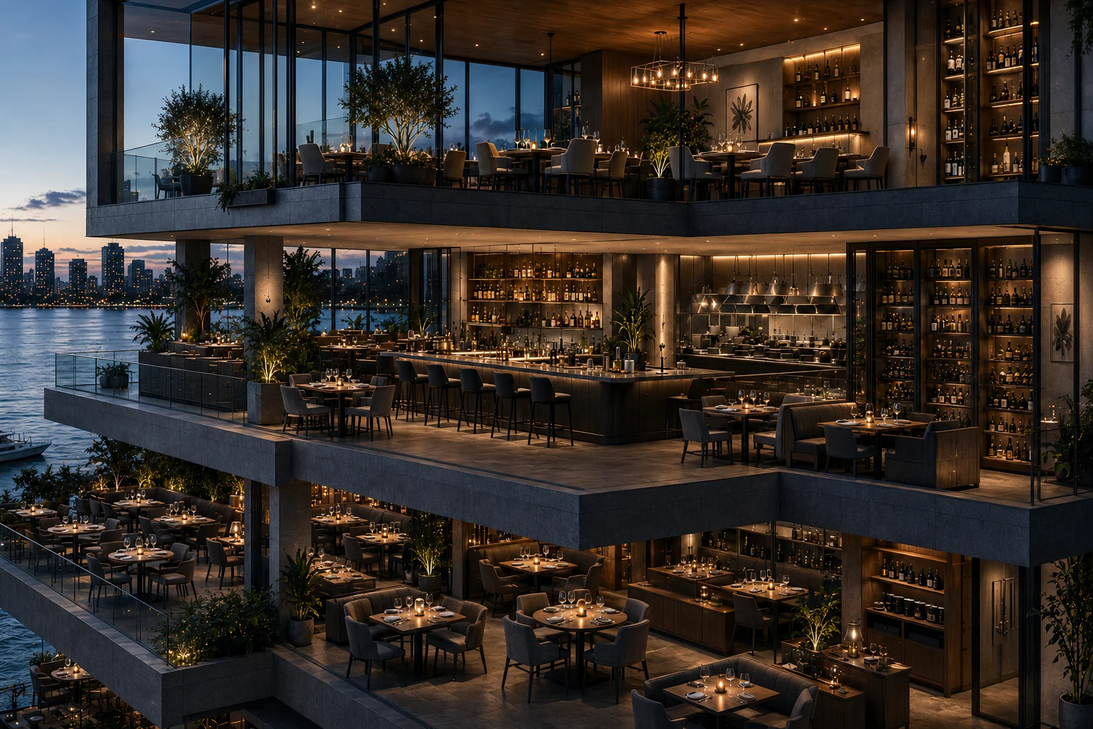 Three-level luxury waterfront restaurant at night