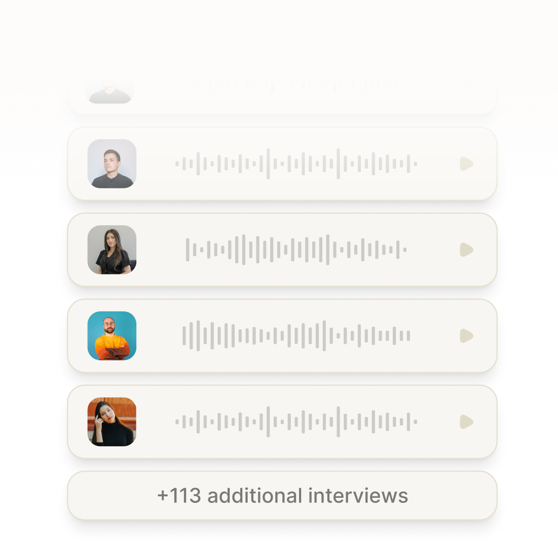 Four audio message bars with profile pictures of different people and a text bar below reading +113 additional interviews.