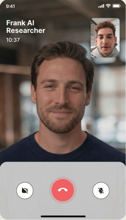 Smartphone screen showing a video call between two men, one named Frank AI Researcher; call duration is 10 minutes and 37 seconds; controls for muting microphone, ending call, and turning off camera are visible at the bottom.