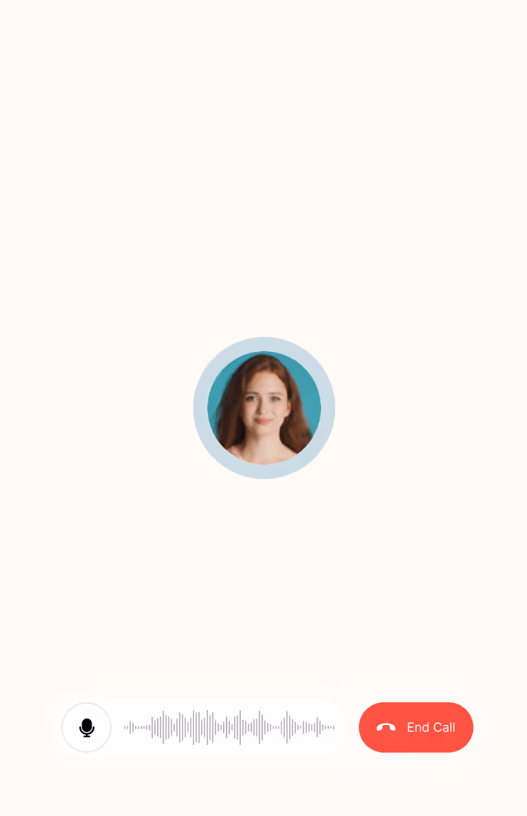 Video call interface showing a woman with red hair in a circular frame, microphone icon, audio waveform, and a red End Call button.