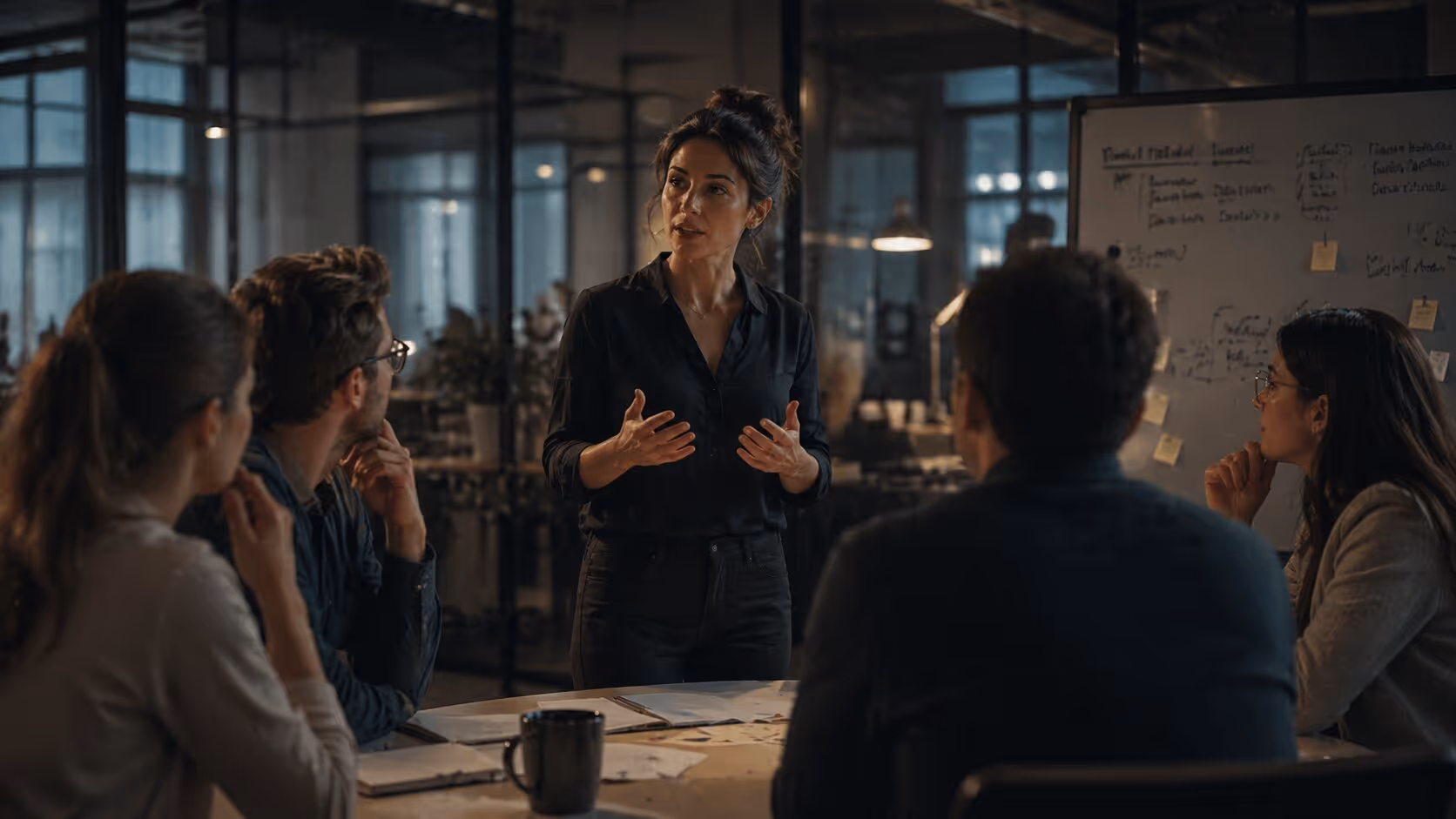 Woman in dark shirt speaking and gesturing during a business meeting with four colleagues at a table.